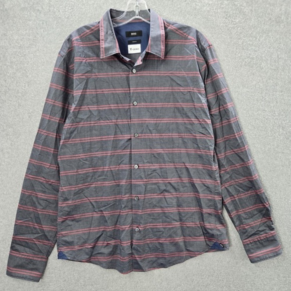 Boss Hugo‎ Boss Men Button Up Shirt Large Gray Striped Slim Fit Button Up Collar